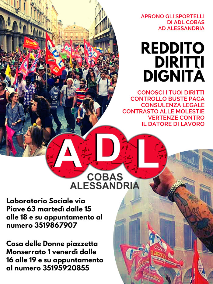 Reddito, diritti, dignità: nasce ADL Cobas ad Alessandria manifesto ADL Cobas