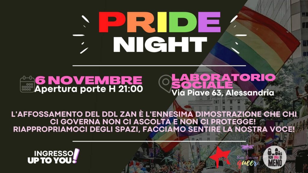 Sabato 6 novembre, Pride Night al Laboratorio Sociale pride night lab 6nov